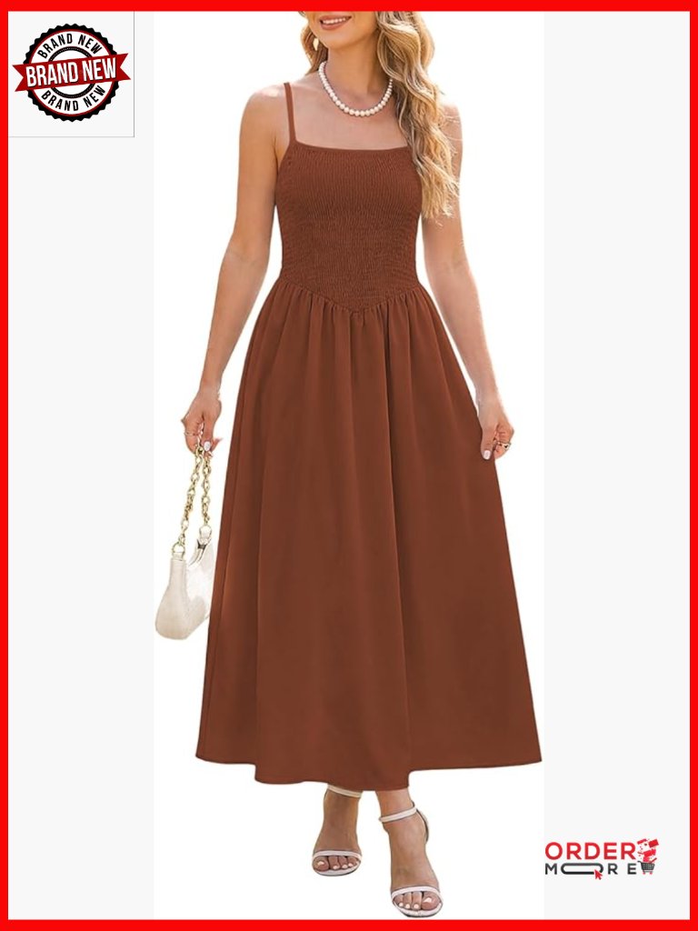 Smocked Spaghetti Strap Maxi Dress A-Line Flowy Long Sundress With Pockets